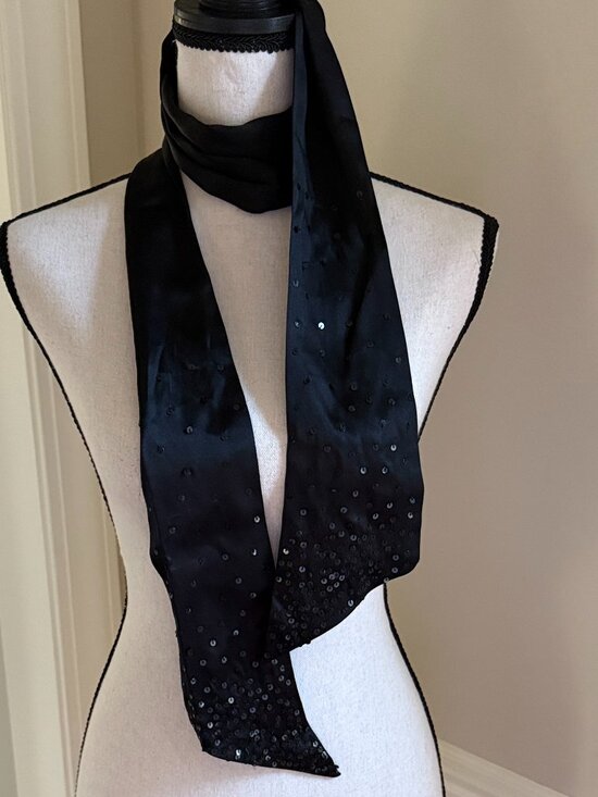 Vintage Long Narrow Black Satin Scarf with Sequins for Bow Women's Neck Tie - Picture 3 of 3